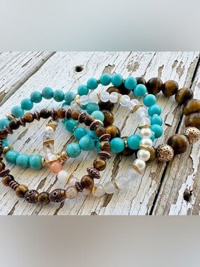 4 Turquoise, Gold Lava Stone & Tiger’s Eye Beaded Stretch Bracelets